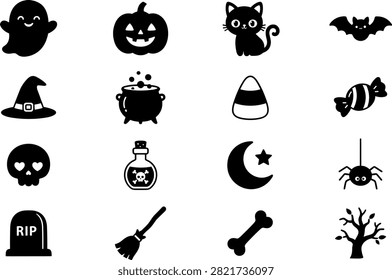 Halloween Icons Set with Ghost, Pumpkin, Cat, Bat, Witch Hat, Cauldron, Candy, Skull, Potion, Spider and Grave