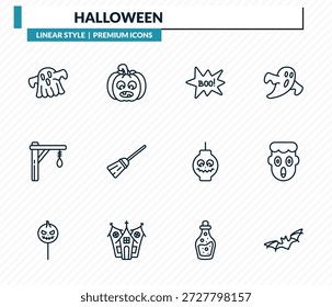 Conjunto de iconos de halloween: fantasma de halloween, linterna de calabazas, abucheo, miedo, murciélagos delinean colección de Vector.