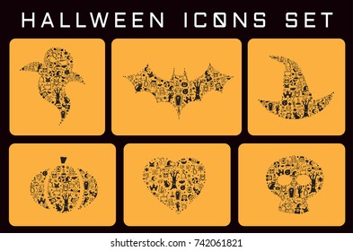 halloween icons Set ghost skull pumpkin bat hat vector