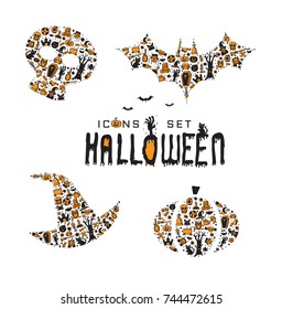 halloween icons Set ghost skull pumpkin bat hat black vector