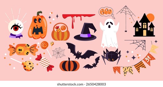 Ícones de Halloween Conjunto com Fantasmas, Abóboras, Doces, morcegos, bruxas chapéus, aranhas e casa assombrada, perfeito para convites de festa, desenhos infantis, mídias sociais, adesivos e marketing sazonal. Vetor 