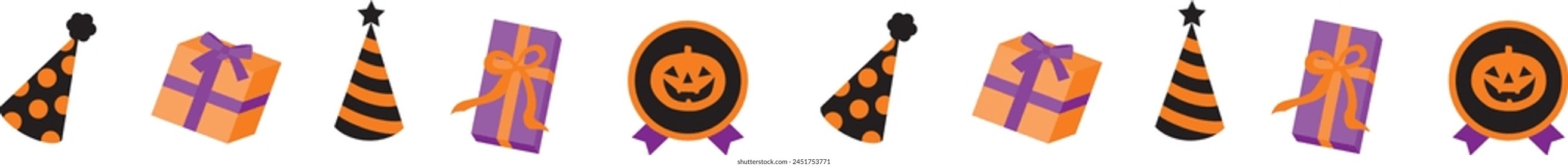 Halloween icons set of gift boxes with ribbons, bows and party hat.