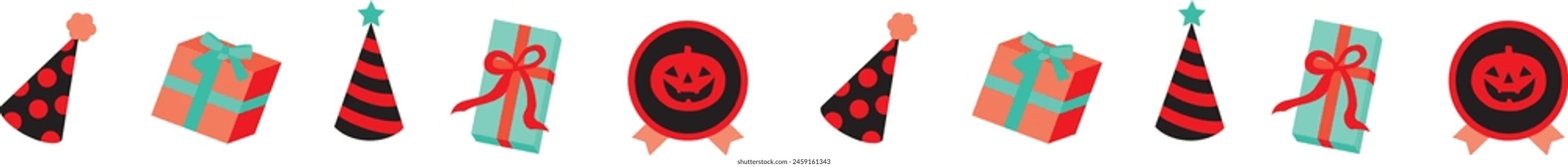 Halloween icons set of gift boxes with ribbons, bows and party hat.