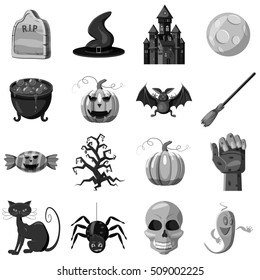 Halloween icons set. Gray monochrome illustration of 16 halloween vector icons for web