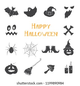 Halloween icons set, hand drawn design elements, vector illustration.