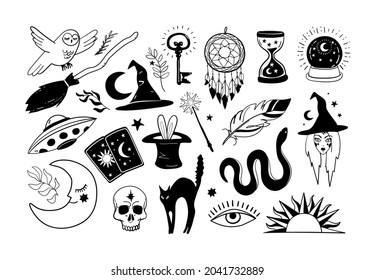 Halloween icons set. Hand drawn elements for witch and witchcraft, magic stickers, magic ball, cat, witch broom. Vector illustration isolated on white background.