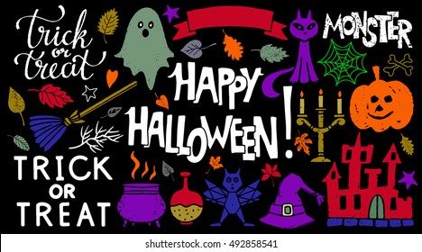 Halloween icons set. Happy Halloween, Handwritten text. Pumpkin, ghost, castle, bat, tree, flask, broom, cat, spiderweb, wizard hat, cauldron, candlestick, leaves, heart, star, ribbon, bones