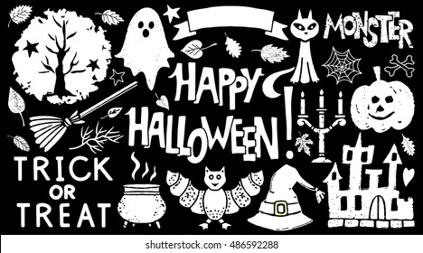 Halloween icons set. Happy Halloween, Trick or Treat, Monster handwritten text. Pumpkin, ghost, castle, bat, tree, flask, broom, cat, spiderweb, wizard hat, leaves, heart, star, ribbon isolated