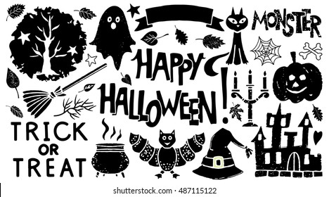 Halloween icons set. Happy Halloween, Trick or Treat, Monster handwritten text. Pumpkin, ghost, castle, bat, tree, flask, broom, cat, spiderweb, wizard hat, candlestick, leaves, heart, star, ribbon