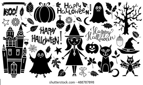 Halloween icons set. Happy Halloween, Trick or Treat, Boo handwritten text. Pumpkin, ghost, castle, bat, tree, witch, cat, spiderweb, wizard hat, acorn, leaves, heart, star, ribbon isolated