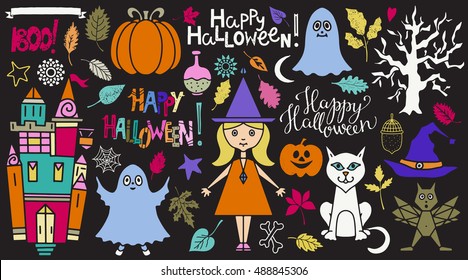 Halloween icons set. Happy Halloween, Trick or Treat, Boo handwritten text. Pumpkin, ghost, castle, bat, tree, witch, cat, spiderweb, wizard hat, acorn, leaves, heart, star, ribbon isolated