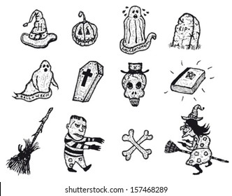 Halloween Icons Set/ Illustration of a set of doodle hand drawn halloween holidays pictures icons including jack o'lantern pumpkin, witch, skull and cross bones, ghost, tombstones and spooky elements