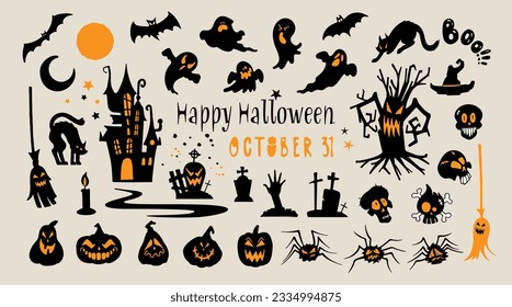 Halloween-Symbole. Eine Reihe von Illustrationen zu Halloween, schwarz gruselige Silhouetten. Halloween-Sticker