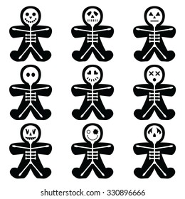 Halloween icons set including vary skeleton characters in gingerbread man shape 