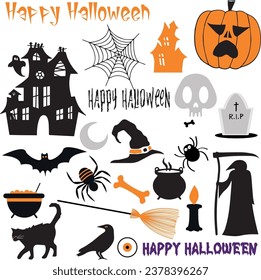 Halloween icons set isolated on white background. Vector Illustration.