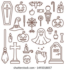 Halloween icons set in linear style. Isolated on white background
