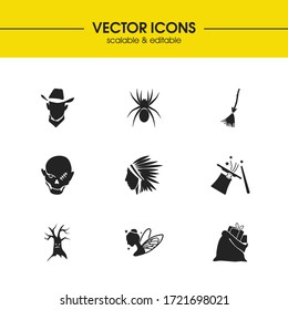 Halloween icons set with native american, cowboy and evil tree elements. Set of halloween icons and arachnid concept. Editable vector elements for logo app UI design.
