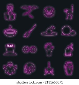 Halloween icons set in neon style. Halloween holiday elements set collection vector illustration