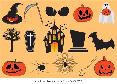 halloween icons set on a yellow background.