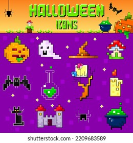 Halloween icons set. Pixel art style. Game design. Cute cartoon characters and fear holiday items. Vector stylized illustration.
