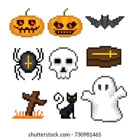 Halloween icons set. Pixel art. Old school computer graphic style. Games elements.