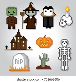 Halloween icons set. Pixel art. Old school computer graphic style. Games elements.