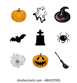 Halloween icons set. Pumpkin with ghost and witch hat. Bat with tomb and spider web with broom