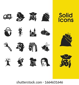 Halloween icons set with pumpkin, mermaid and gift delivery elements. Set of halloween icons and naiad concept. Editable vector elements for logo app UI design.