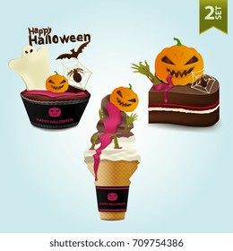 Halloween icons set. Halloween pumpkin on the candy, ice cream with pumpkin and zombie hands and a cupcake with a Ghost, pumpkin, spider and bat. Vector