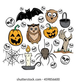 Halloween icons set with pumpkin, owl, zombie hand, spider and bat