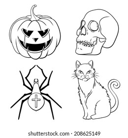 Halloween icons set: pumpkin, skull, spider, cat. Black and white