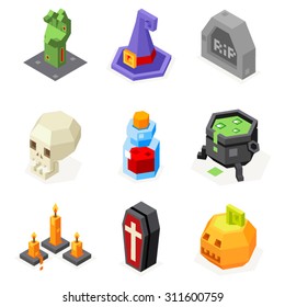 Halloween Icons Set Pumpkin Witch Hat Cauldron Grave Zombie Hand Elixir Skull Vampire Coffin Night Party Trick or Treat Flat Design Isometric 3d Vector Illustration