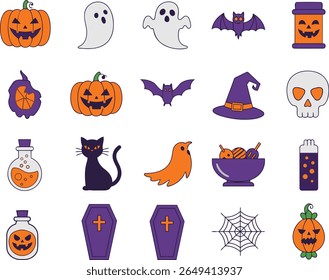 Halloween Icons Set – Pumpkins, Ghosts, Bats, Witch Hat, Skull, Cat, Potion, Coffin, Candy, and Spider Web