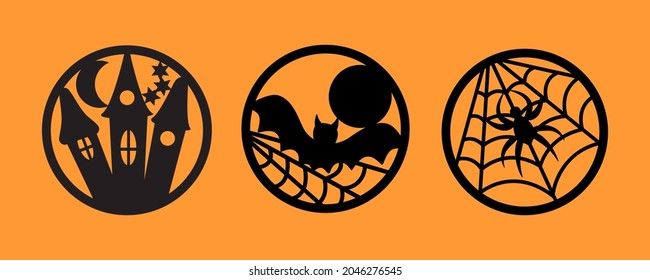 Halloween icons set. Halloween round shape  badge black color. Horizontal orange background. Vector.