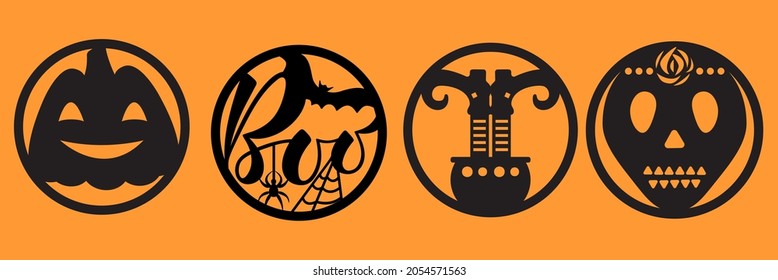 Halloween icons set. Halloween round shape  badge black color. Horizontal orange background. Vector.