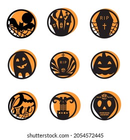Halloween icons set. Halloween round shape  badge black color on orange background. Vector.