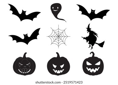 Halloween icons set. Set of Halloween silhouettes, symbol Vector illustration. Black spooky elements for your design. Hand drawn Halloween vector. Halloween 