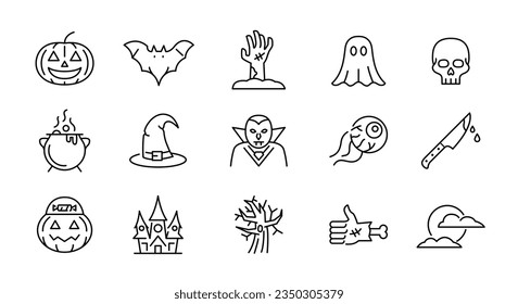 Halloween icons set. Halloween simple icons. 15 spooky halloween icons isolated on white background. Pumpkin, Vampire, Ghost, Zombie hand icons. Vector illustration
