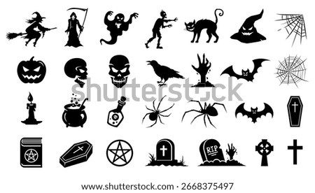 Halloween icons set. Simple black flat illustrations. Halloween stickers collection. Black silhouettes of monsters, objects, elements and symbols. Witch, zombie, pumpkin, ghost and other