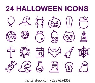 Halloween icons set. Simple stickers for halloween celebrating. Scary night traditional objects, carnival decorations. Flat vector illustration
