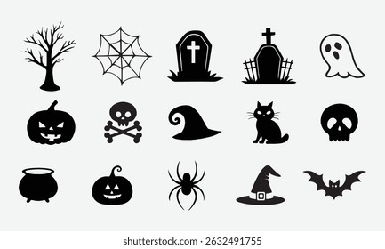 Halloween Icons Set of Solid Vector Silhouettes of Pumpkins, Ghosts, Bats, Witches, and More on White Background
