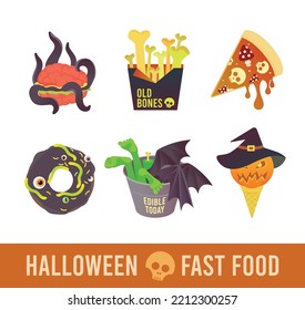 Los iconos de Halloween están listos. Símbolos de diversión espeluznantes de comida rápida. Diseñar elementos decorativos para el menú de vacaciones. Ilustración de dibujos animados.