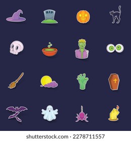 Halloween icons set stikers collection vector with shadow on purple background