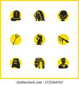 Halloween icons set with superhero, dead bride and tombstone cross elements. Set of halloween icons and cartoon concept. Editable vector elements for logo app UI design.