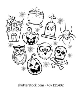 Halloween icons set using doodle art on white background