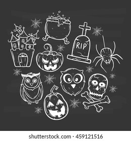 Halloween icons set using doodle art on chalkboard background