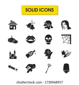 Halloween icons set with vampire teeth, spiders web and vampire girl elements. Set of halloween icons and medieval tower concept. Editable vector elements for logo app UI design.