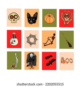 Halloween icons set. Vector Design elements for a holiday. Black cat, web, ghost, grave, skeleton, bones as logo, icon, blank for designer, print