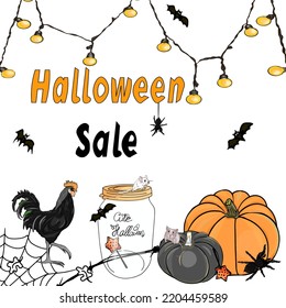 Los iconos de Halloween están listos. Elementos de diseño vectorial para una fiesta. Pollo negro, venta de halloween, web, fantasma, tumba, esqueleto, huesos como logo, icono, blanco para diseñador, imprimir