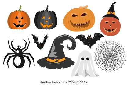 Halloween Icons Set Vector Illustration. Pumpkin Character isolated in white background for stickers, cards, banner, poster or t-shirts design.